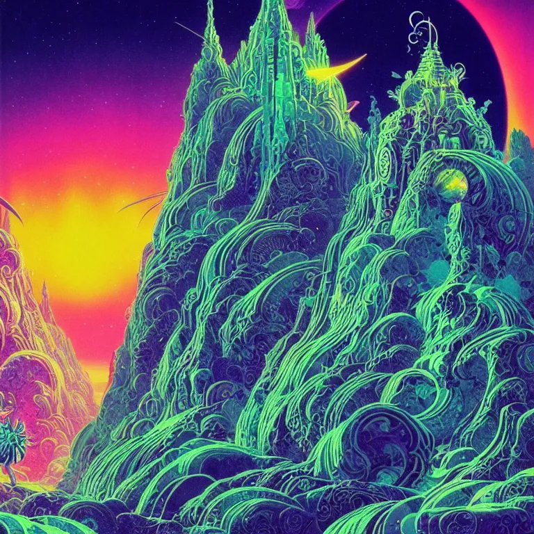 Prompt: mysterious rocket hovers over mythical crystal temple, psychedelic fractal waves, synthwave, bright neon colors, highly detailed, cinematic, eyvind earle, tim white, philippe druillet, roger dean, ernst haeckel, lisa frank, aubrey beardsley