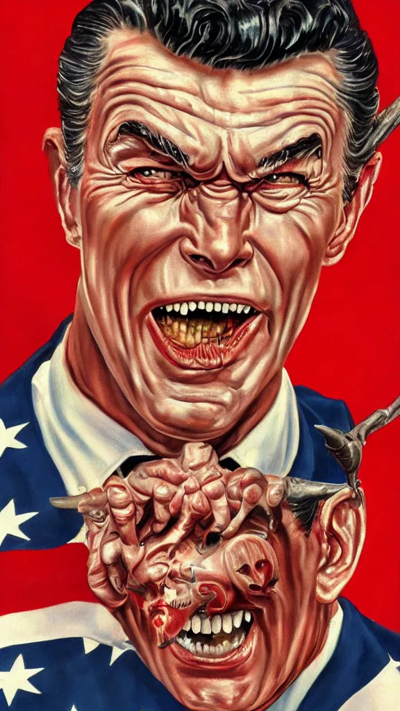 Image similar to satanic ronald regan, painting in the style of norman rockwell, 1 9 5 0 s, evil, satan, devil, demonic, demon, hyperrealistic, photorealistic, award - winning, 4 k, ultra hd, artstation, intricate, highly detailed, patriotic, american, usa, dark, gritty