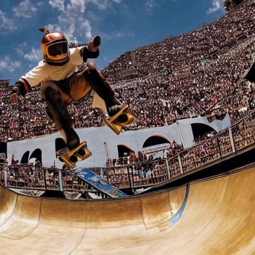 Image similar to roman chariot racer jumping in a skate park half-pipe, video game cover, intense, high detail, crowd cheering, wide lense, style of Tony Hawk