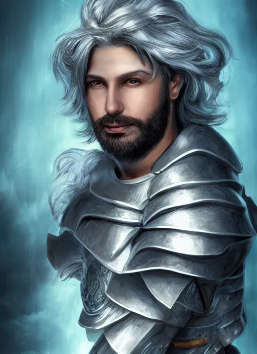 Image similar to an epic fantastic realism comic book style portrait painting of an aasimar paladin, male, big angel wings on back, shaggy silver hair, short brown beard, d & d concept art, unreal 5, daz, teal aesthetic, octane render, cosplay, rpg portrait, dynamic lighting