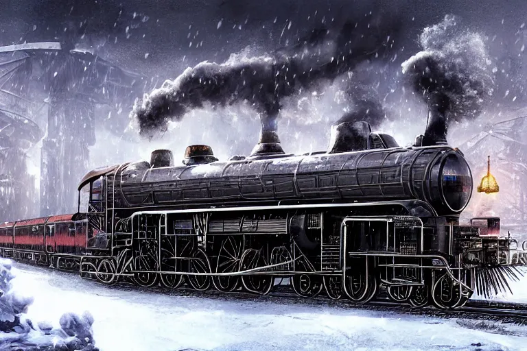 Image similar to a grand intricate futuristic black steam train, the train is themed after willy wonka and the chocolate factory, post - apocalyptic ice landscape in snowstorm, concept art, artstation, highly detailed, digital art