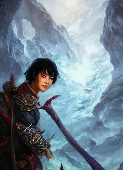 Image similar to asian with medium black hair man looking down at me, low angle, camera low, dndbeyond, bright, colourful, realistic, dnd character portrait, full body, pathfinder, pinterest, art by ralph horsley, dnd, rpg, lotr game design fanart by concept art, behance hd, artstation, deviantart, hdr render in unreal engine 5