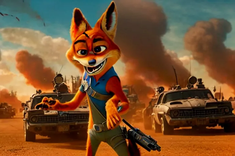 Image similar to nick wilde ( from zootopia ), heavily armed and armored facing down armageddon in a dark and gritty reboot from the makers of mad max : fury road