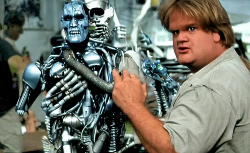 Image similar to VFX film James Cameron's The Terminator starring Chris Farley