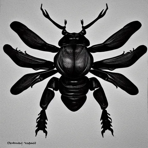 Image similar to black stag beetle full body, black and white, botanical illustration, black ink on white paper, bold lines