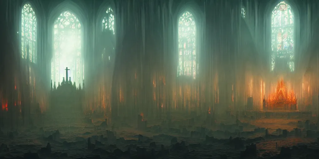 Prompt: breathtaking detailed concept art painting of a dark ritual church in hell, by hsiao - ron cheng, bizarre compositions, exquisite detail, extremely moody lighting, 8 k
