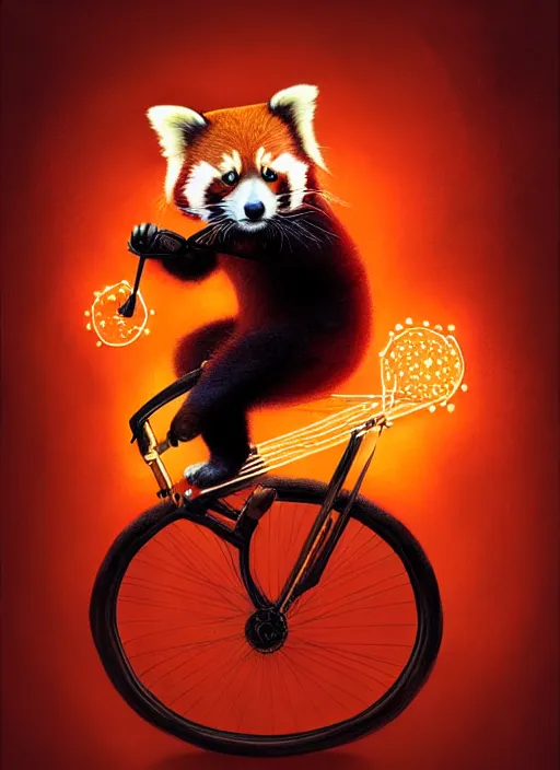 Image similar to portrait of a red panda riding a unicycle, playing a violin, intricate, elegant, glowing lights, highly detailed, digital painting, artstation, concept art, smooth, sharp focus, illustration, art by wlop, mars ravelo and greg rutkowski