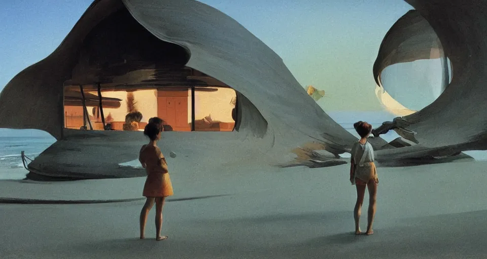 Image similar to a hermit girl standing outside her big seashell home, atmospheric cinematography by syd mead