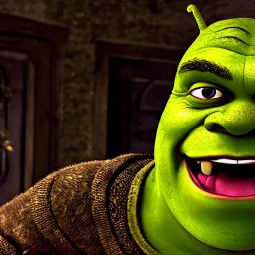 Image similar to shrek as a villain in a horror movie, directed by scott derrickson, found footage, evil and ominous
