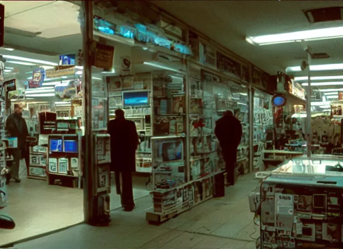 Image similar to cinematic wide shot of backlit windows of a narrow used electronics store, bryan cranston wanders the messy aisles, keyboards, iconic scene from the paranoid thriller sci fi film directed by wes anderson, anamorphic cinematography, beautiful composition, color theory, leading lines, photorealistic, volumetric lighting