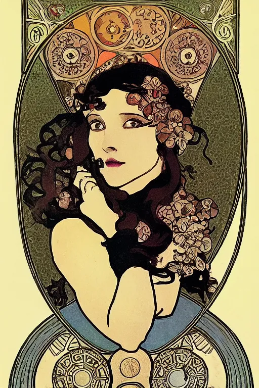 Image similar to skull in the center of a round frame, in the style of Mucha,