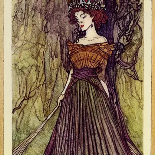 Prompt: A beautiful Queen of the Fae with brown hair wearing a pleated green dress and a silver diadem, illustration by Arthur Rackham