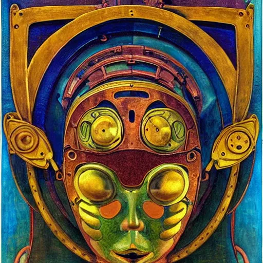 Image similar to the robot in her intricate mechanical mask, by annie swynnerton and diego rivera and kit williams and leo and diane dillon, symbolist, dramatic lighting, elaborate geometric ornament, art brut, god rays, soft cool colors, smooth, sharp focus, extremely detailed, adolf wolfli