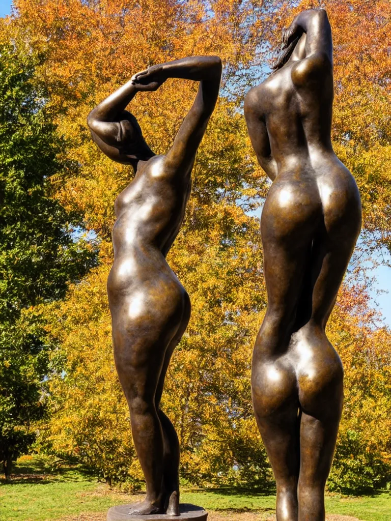 Image similar to detailed photo of old bronze patina statue of seductive curvy girl, super highly detailed, full body view, various poses, au blurry distant background with garden of ancient castel, photorealism, intricate detail, museum diffuse lighting, autumn sunlights