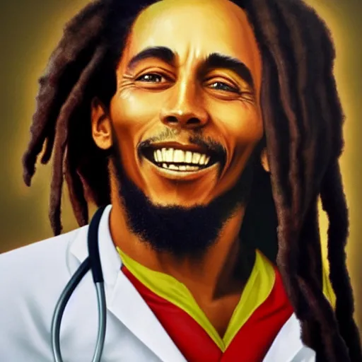 Image similar to bob marley in scrubs as a doctor, trending on artstation