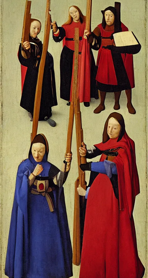 Image similar to a painting of 3 superhero nuns holding nunchucks, medieval painting by Jan van Eyck, Johannes Vermeer