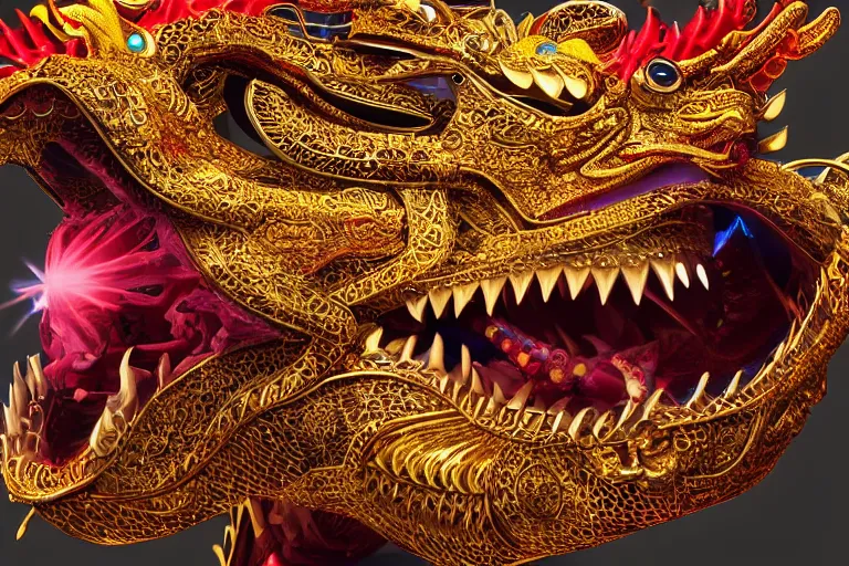 Image similar to cinematic closeup portrait of a golden chinese dragon intricately decorated with colorful jewels, detailed textures, nighttime city lights, strong bokeh, dramatic lighting, unreal engine, cgsociety, artstation, 4k