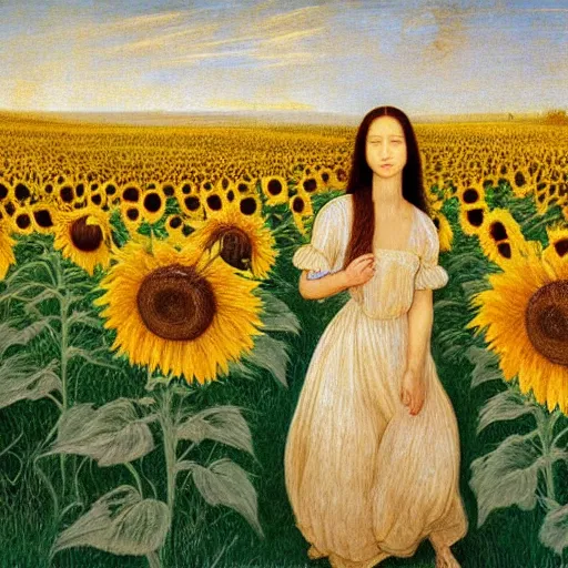 Prompt: a girl slowly walking through amazing tall sunflower field, her hair flowing down, subtle, intricate details, real masterpiece, oil on canvas, by leonardo da vinci, vitalik buterin