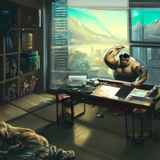 Image similar to a insanely detailed painting of a slightly overweight asian man wearing a homemade superhero costumed, sitting at a computer desk nervously typing on the keyboard, in the style of peter mohrbacher, dramatic lighting and composition, trending on artstation, concept art, comic book, graphic novel