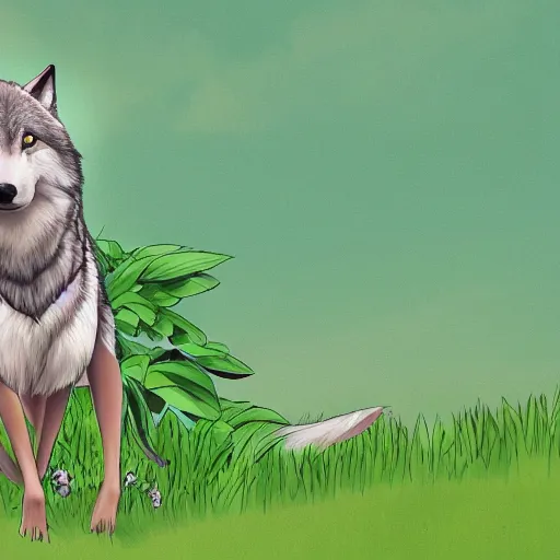 Image similar to Beautiful portrait of an anthro wolf wearing a cute summer outfit in green landscape