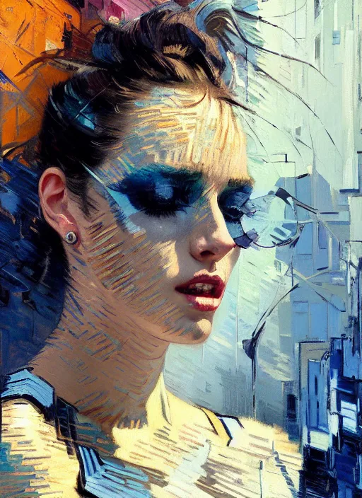 Prompt: portrait of beautiful girl, ecstatic, dancing, eyes closed, shades of blue and grey, new york backdrop, beautiful face, rule of thirds, intricate outfit, spotlight, by greg rutkowski, by jeremy mann, by francoise nielly, by van gogh, digital painting