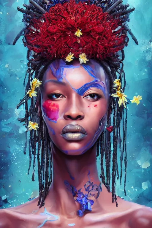 Image similar to portrait of beautiful young maiden, warhammer, afro style, more and more cyberpunk, a lot of more scars, more and more flowers, blue head, some red water, the middle ages, highly detailed, artstation, illustration, artgerm sylvari portrait, 8 k quality, art by max ernst