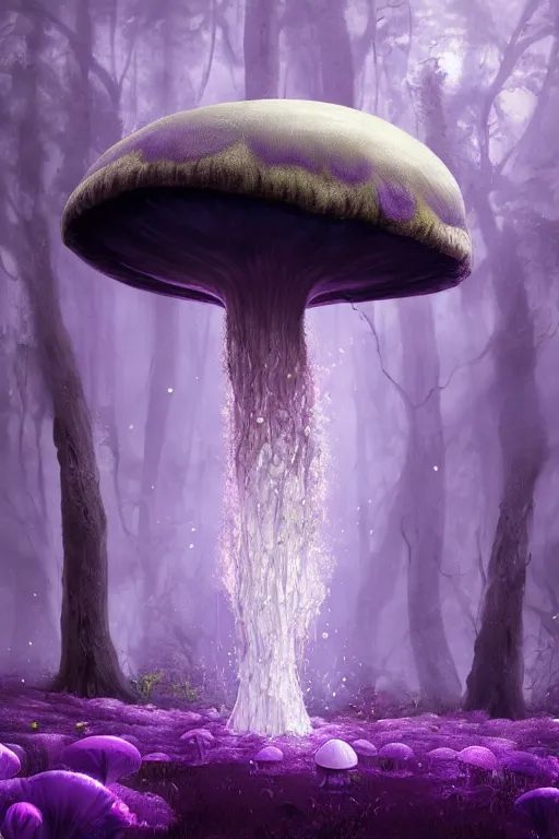 Prompt: Giant Mushroom Dripping Viscous Blobs of Purple Liquid from its Cap, Deep Forest, Overgrowth, fantasy, digital illustration, realistic, trending on artstation, volumetric lighting, ultra detailed