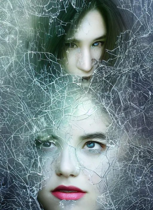Prompt: double exposure effect, glowing silver and golden elements, full close-up portrait, young female portrait model from shutterstock as a dark witch, book cover, green forest, white moon, red lips, establishing shot, extremly high detail, photo-realistic, cinematic lighting, pen and ink, intricate line drawings, by Yoshitaka Amano, Ruan Jia, Kentaro Miura, Artgerm, post processed, concept art, artstation, matte painting, style by eddie, raphael lacoste, alex ross
