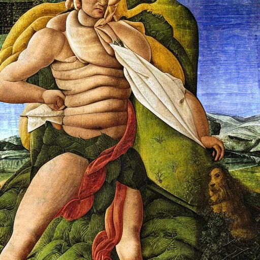 Prompt: portrait of benjamin netanyahu lying elegantly in nature, leaves as clothes, by sandro botticelli