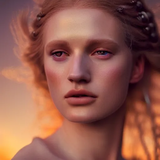 Image similar to photographic portrait of a stunningly beautiful norse renaissance female in soft dreamy light at sunset, contemporary fashion shoot, by edward robert hughes, annie leibovitz and steve mccurry, david lazar, jimmy nelsson, breathtaking, 8 k resolution, extremely detailed, beautiful, establishing shot, artistic, hyperrealistic, beautiful face, octane render