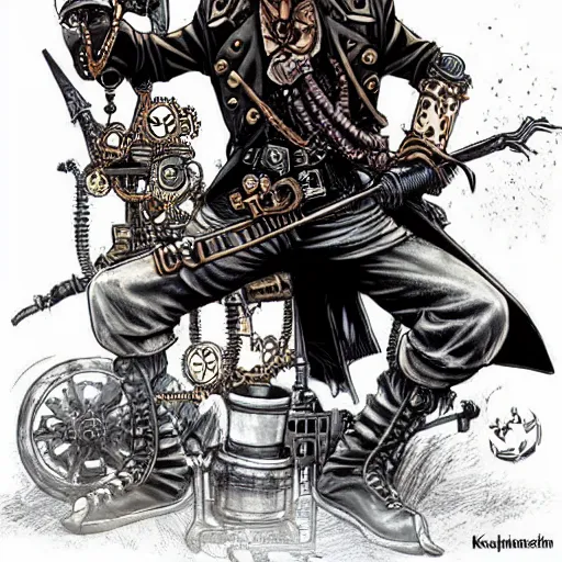 Image similar to a steampunk pirate, by kim jung gi and karl kopinski