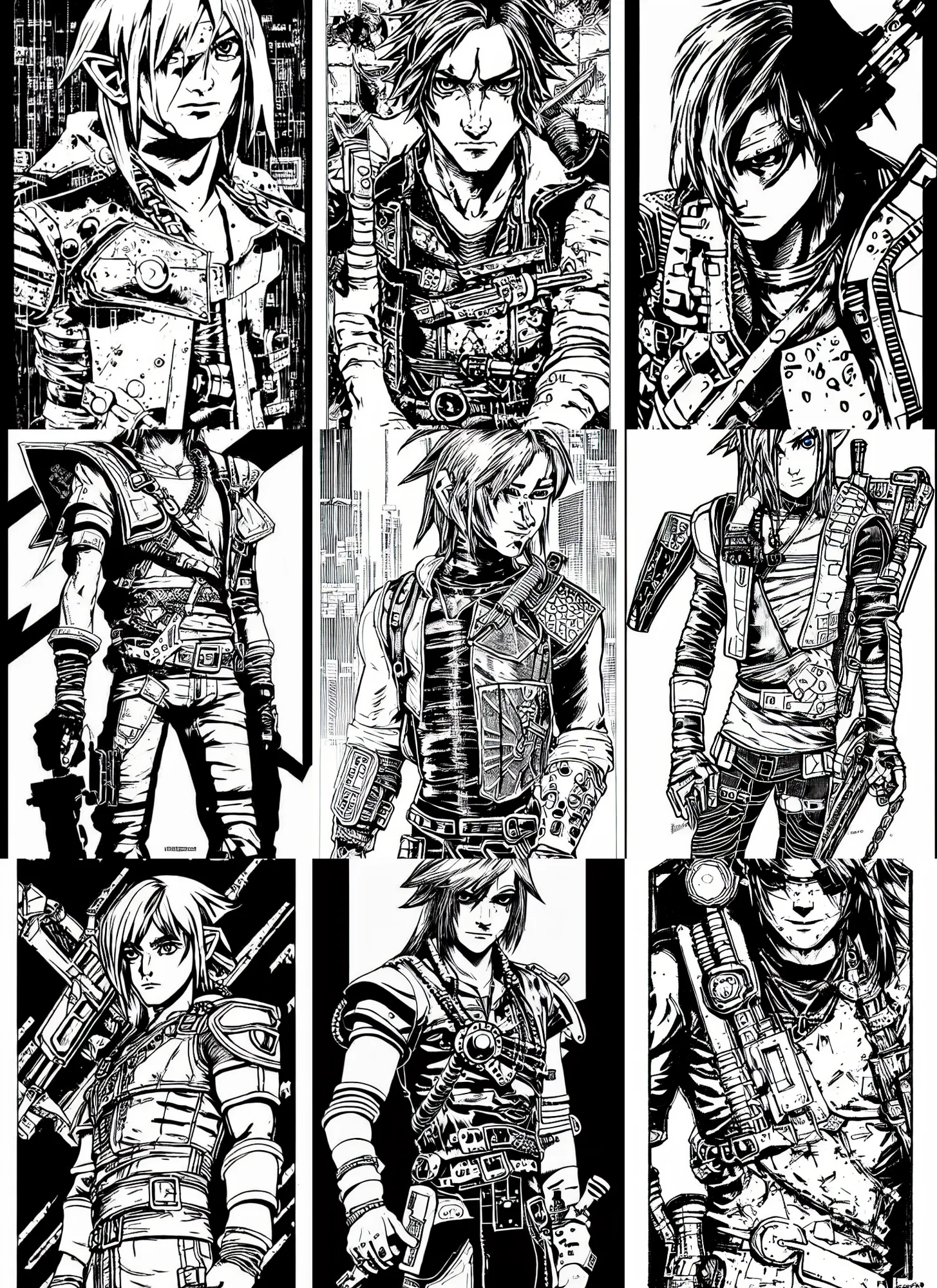 Prompt: cyberpunk link from legend of zelda, portrait, cyberpunk 2 0 2 0 manual, by steampoweredmikej, by tim bradstreet, inktober, ink drawing, black and white, coloring pages, manga, highly detailed