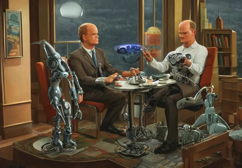 Prompt: an episode of frasier, set in the year 2 1 2 2, frasier ( kelsey grammer ) and niles are bio - mechanical robots. frasiers dad is a cyborg, and the little dog is a droid, intricate detail, volumetric shadows and lighting, realistic oil painting by tim hildebrandt,