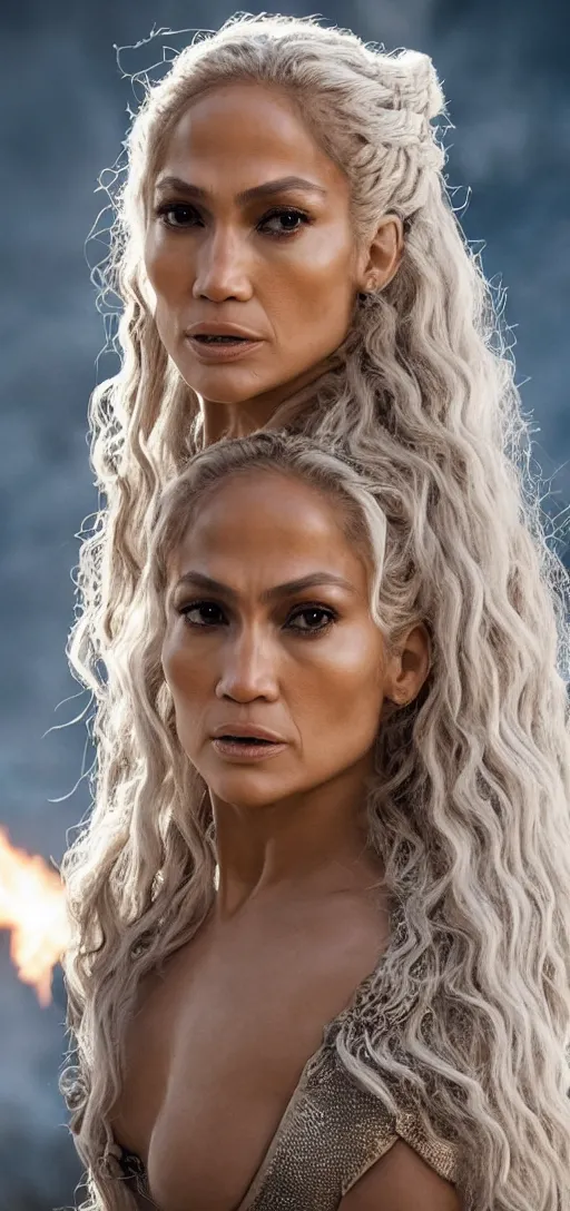Prompt: Jennifer Lopez as Daenerys Targaryen mother of dragons, drogon, XF IQ4, 150MP, 50mm, F1.4, ISO 200, 1/160s, natural light