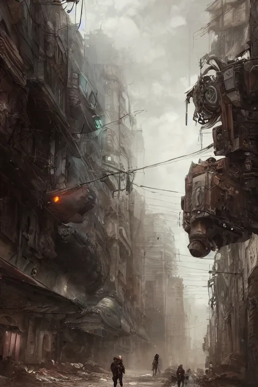 Image similar to ultra realist and ultra intricate detailed soft painting of a large mech, standing in a post-apocalyptic street, sensual gloomy style, volumetric clouds, artstation, unreal render, depth of field