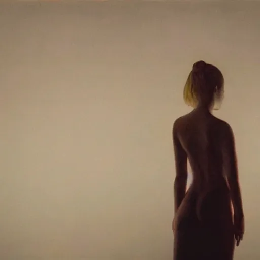 Prompt: silhouette of a Elle Fanning gazing in a mirror, pitch black room, extremely detailed realist masterpiece, oil on canvas, low-key neon lighting, artstation, Blade Runner 2049, Roger Deakin’s cinematography, by J. C. Added Wyeth and Adam Miller,