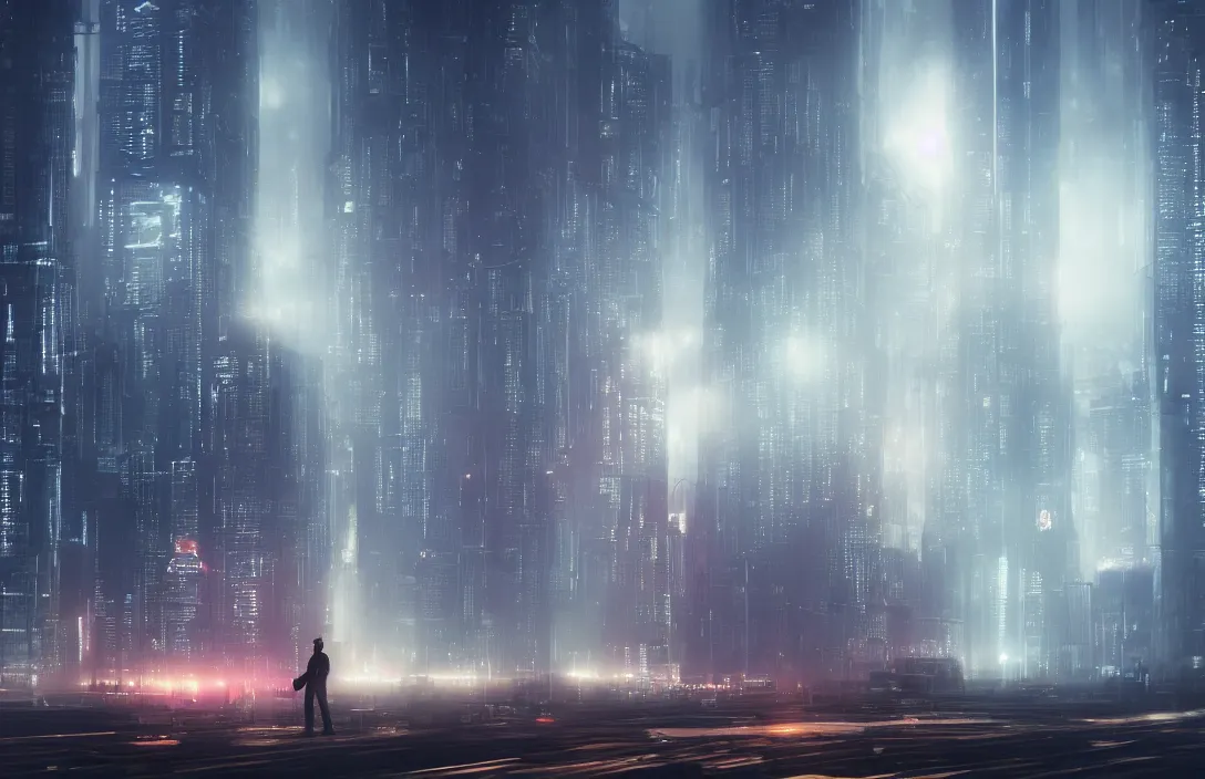Prompt: man in front of a foggy view of cyberpunk style future city, a hyper realistic professional photographic view,very beautiful scenery, very realistic painting effect, hd, hdr, cinematic 4k wallpaper, 8k, ultra detailed, high resolution,