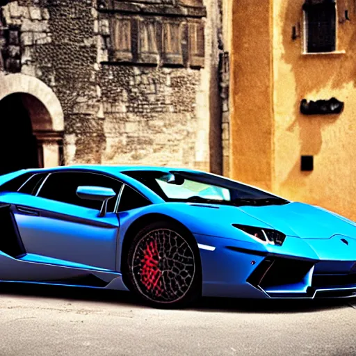 Image similar to a Lamborghini Aventador parked in a medieval fantasy setting with magic, confused villagers stare at Lamborghini Aventador