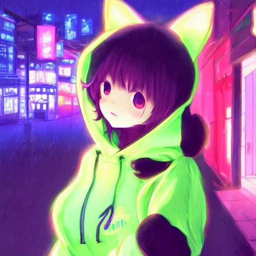 Image similar to a cute anime girl wearing a cat hoodie sleeping in a neon lit street in the rain, wlop, ilya kuvshinov, artgerm, krenz cushart, greg rutkowski, hiroaki samura, range murata, james jean, katsuhiro otomo, erik jones, serov, surikov, vasnetsov