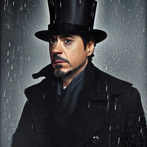 Image similar to photograph portrait of robert downey junior with a trenchcoat and tophat, rain, night, dense fog, hyperdetailed