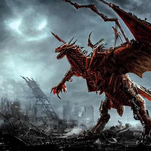 Prompt: high quality art of a giant mechanized dragon in an apocalyptic future, made of plates and armor throughout the body, having 4 limbs and 4 talons on each foot, and glowing fiery red eyes, climbing over a destroyed building in a hazy radioactive atmosphere, roaring with an epic pose into the air as the building crumbles under the weight, showing lots of sharp teeth. furaffinity, deviantart, artstation, high quality