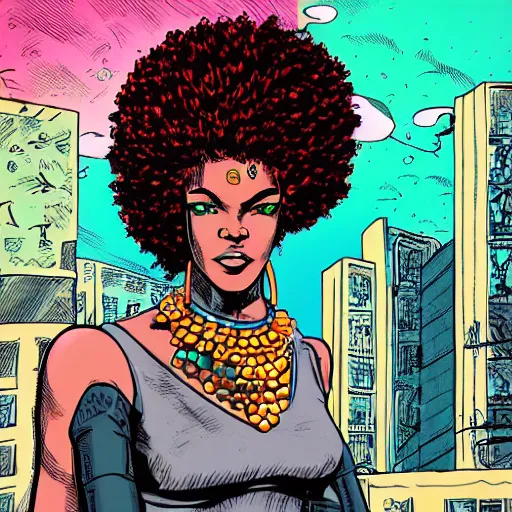 Prompt: afrofuturist woman walking down the busy street wearing gold jewelry, simple, cyberpunk, far shot, retro comic art style