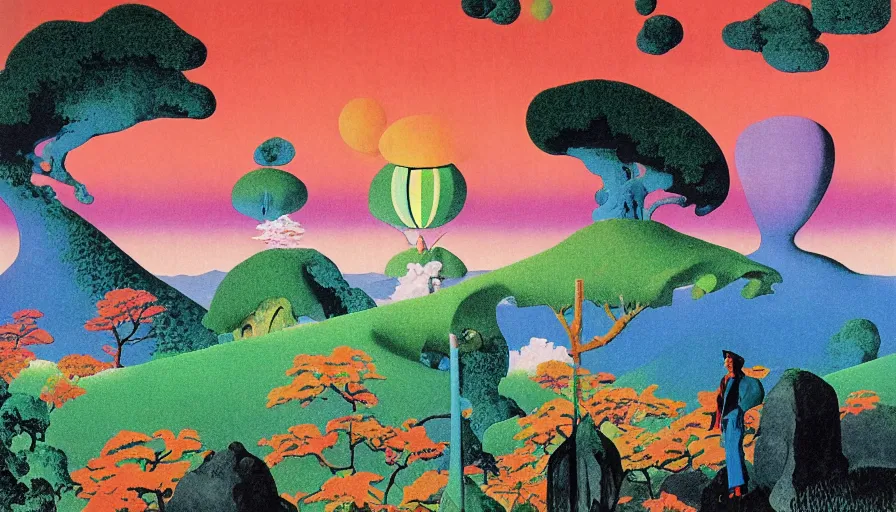 Image similar to Japan rural splendor travel and tourism c2050, surrealist psychedelic collage painting in the style of Forbes magazine, +81 magazine, Magritte, Roger Dean, Yoshio Awazu, vivid color