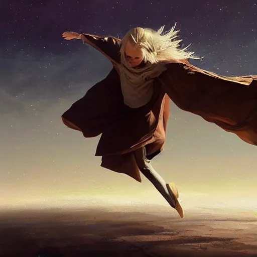 Image similar to blonde boy wearing a brown cape and flying in t pose, closeup, powerful, space background, oil painting, brush strokes, greg rutkowski