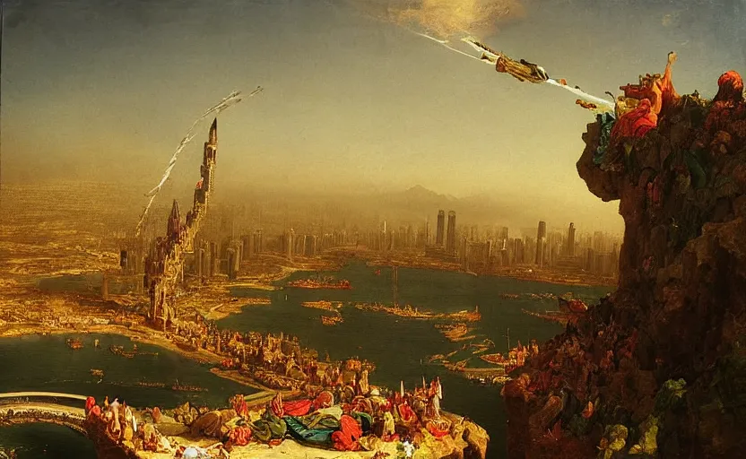 Image similar to “ the fall of dubai, in the style of thomas cole ”