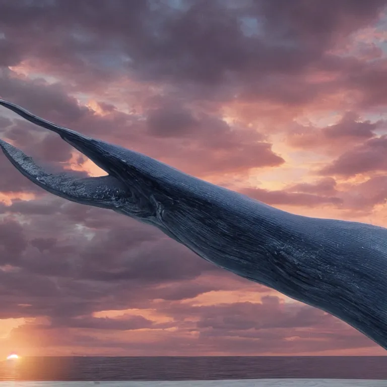 Image similar to octane render portrait by wayne barlow and carlo crivelli and glenn fabry, a blue whale made out of shiny reflective liquid metal swimming through beautiful sunset clouds, cinema 4 d, ray traced lighting, very short depth of field, bokeh