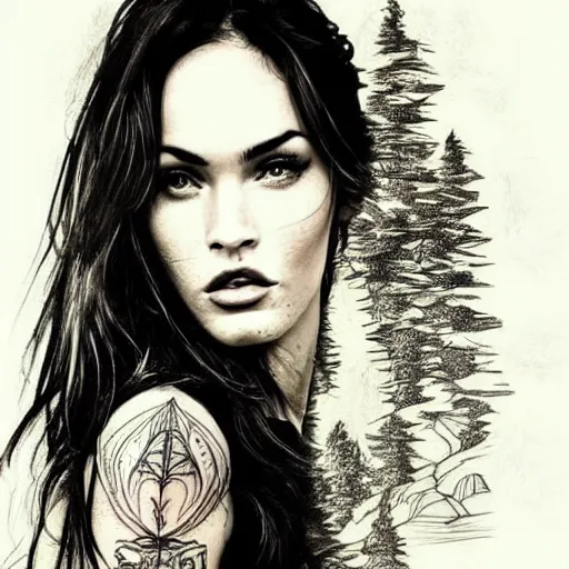 Image similar to tattoo design sketch with double exposure effect, megan fox face faded with beautiful mountain scenery, in the style of matteo pasqualin, amazing detail, mash up