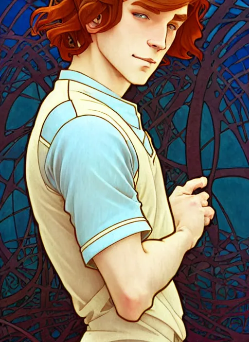 Image similar to well - lit art nouveau portrait of a young man with auburn hair, pale skin, freckles, light blue eyes, casual clothes, natural lighting, path traced, highly detailed, high quality, cartoon, digital painting, by don bluth and ross tran and studio ghibli and alphonse mucha