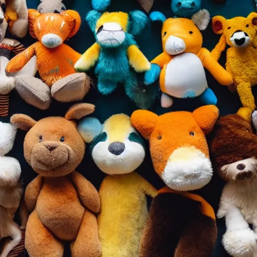 Image similar to a variety of stuffed animals, brown white teal yellow and orange