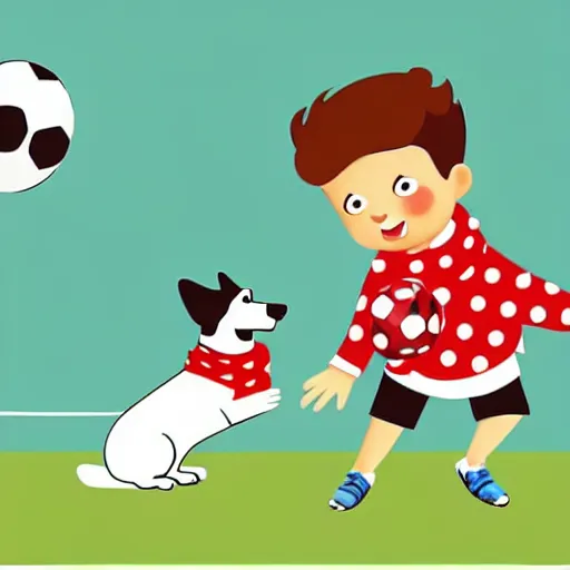 Image similar to illustration of french boy in paris playing football against a corgi, the dog is wearing a polka dot scarf